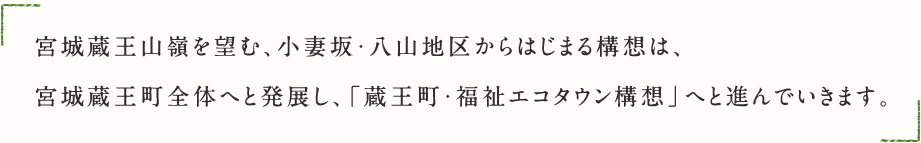 宮城蔵王山嶺を望む、小妻坂・八山地区からはじまる構想は、宮城蔵王町全体へと発展し、「蔵王町・福祉エコタウン構想」へと進んでいきます。